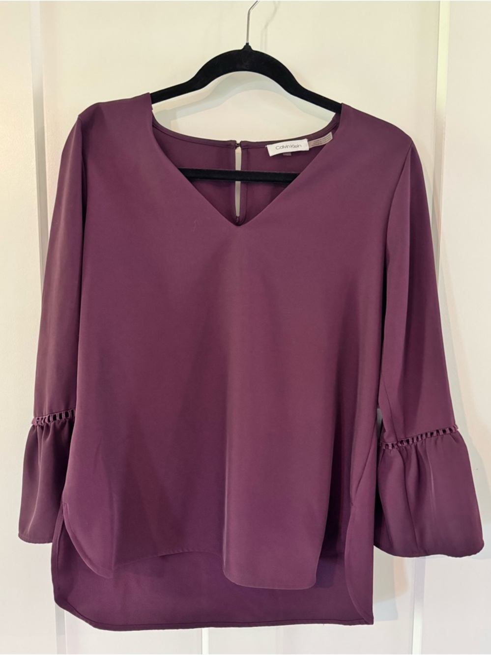 Calvin Klein Deep Plum V-Neck Bell Sleeve Blouse